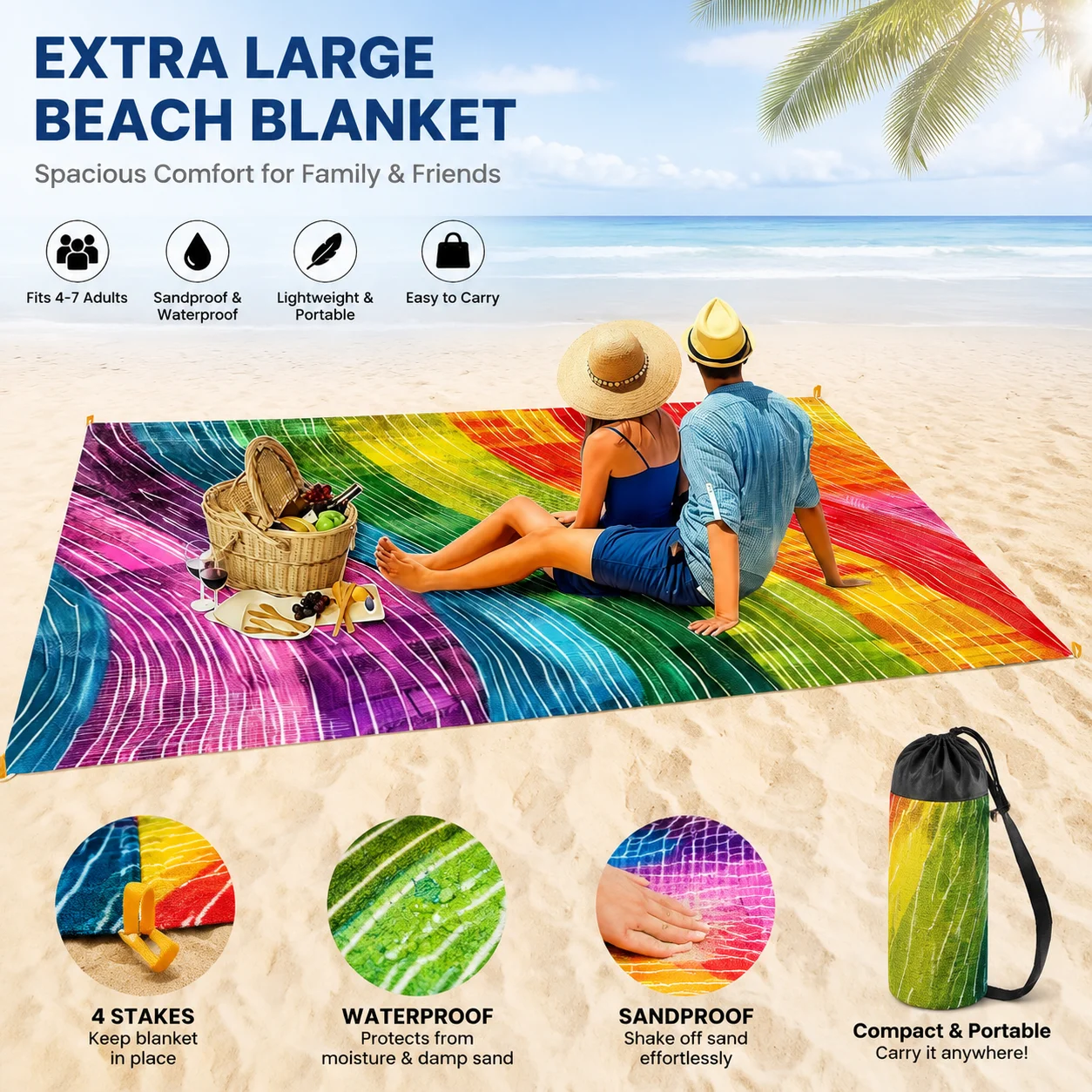 Outdoor Camping Mats Large - 200x240cm Rainbow Beach Mat Sandproof Waterproof