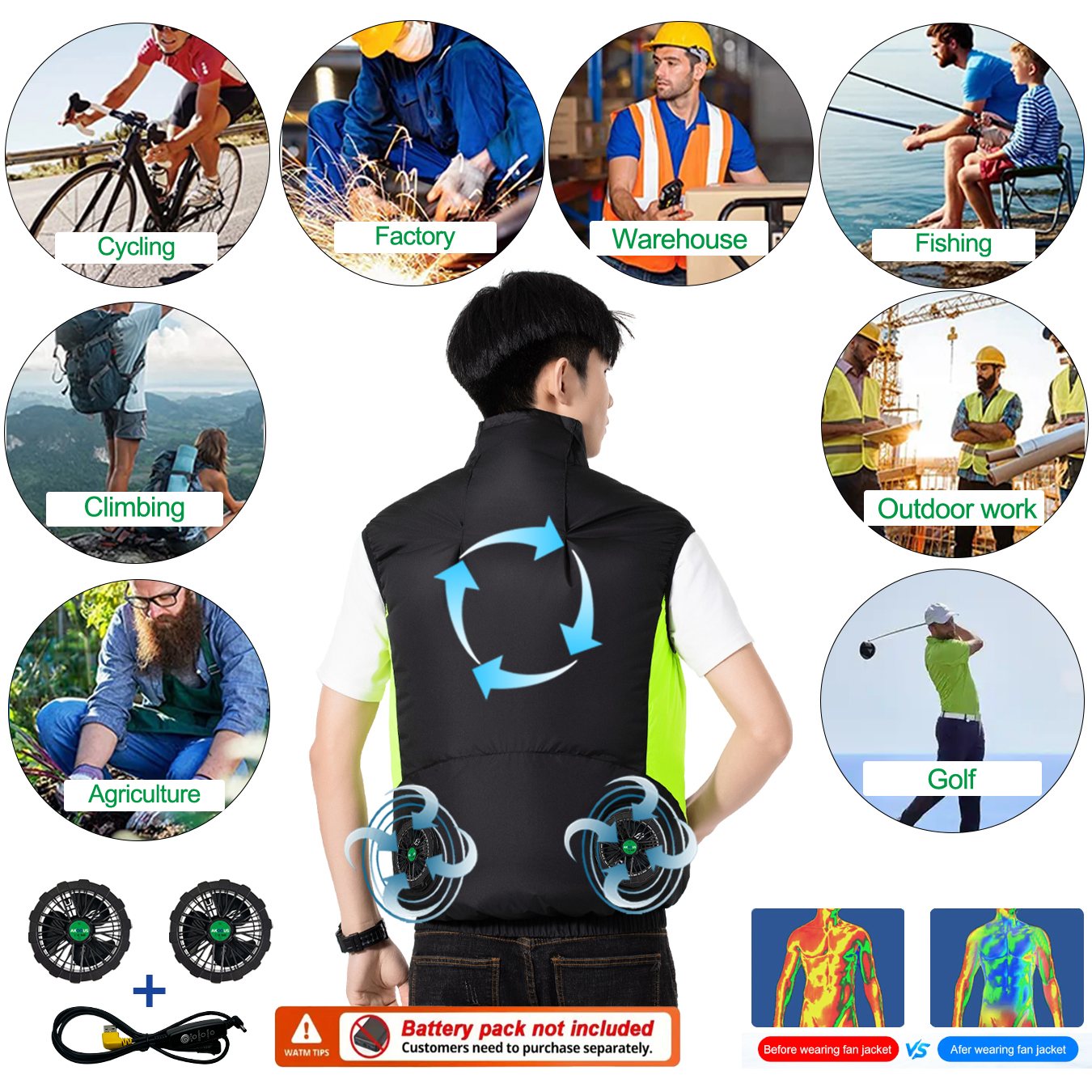 12V 5V USB Cooling Fan Vest Me - Outdoor Camping Air Conditioner avaliação e preço